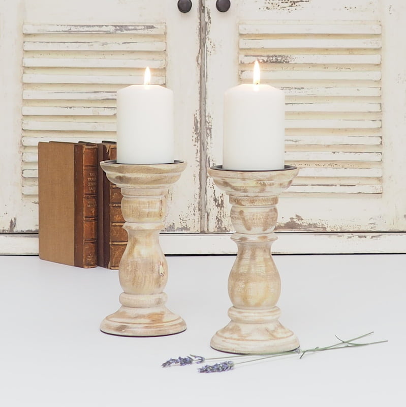 White Distressed Wood Pillar Candle, Wooden Candle Sticks Uk