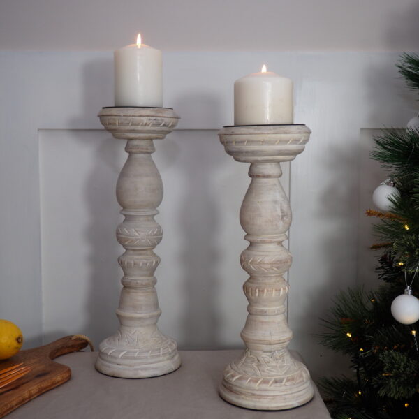 Set 2 tall white distressed candleholders