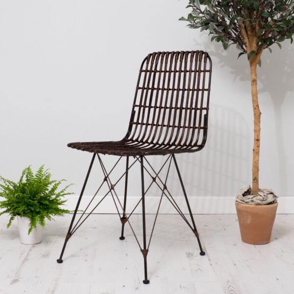Wicker brown dining chair on white floor with olive tree and potted plant