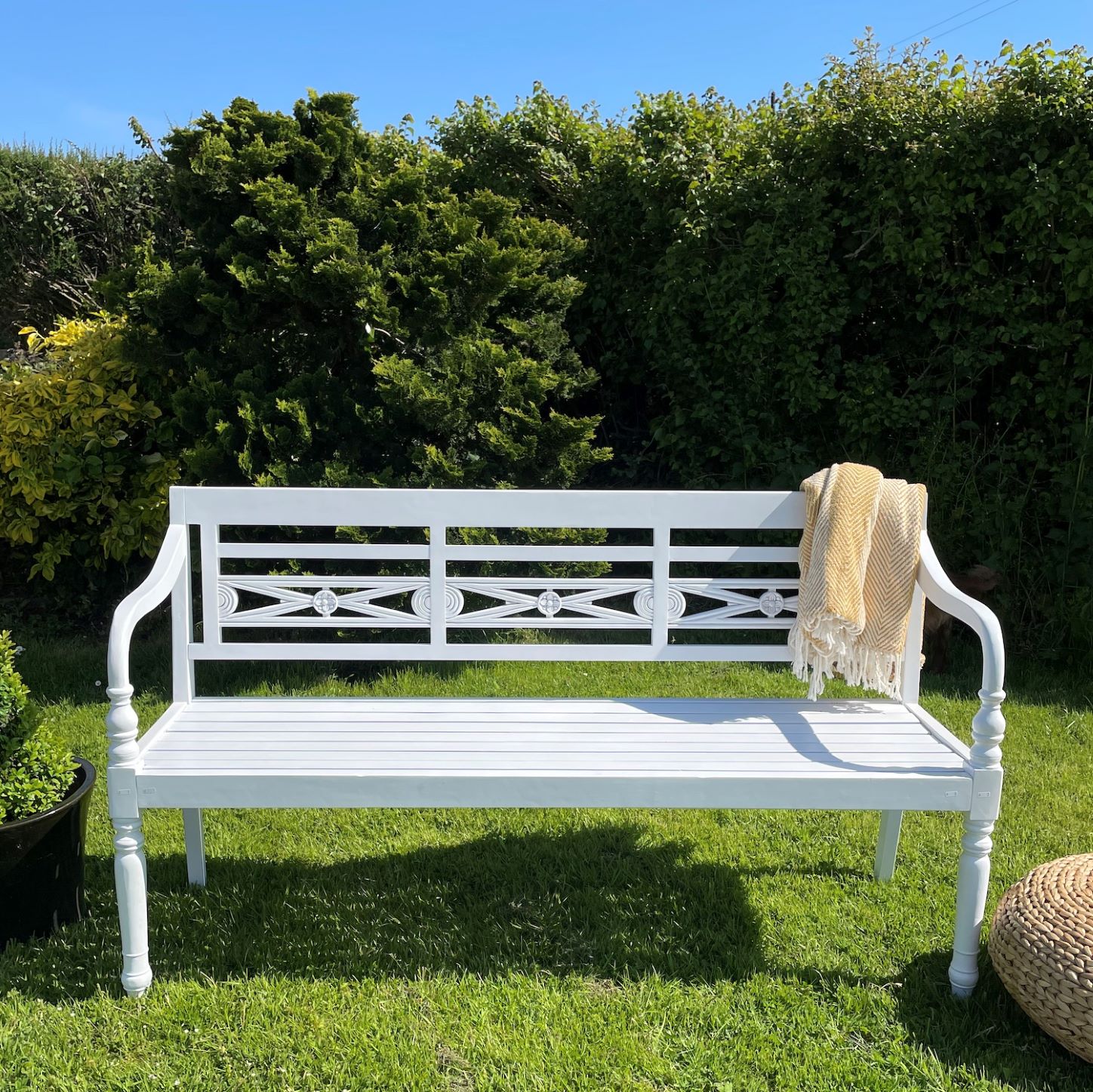 white garden bench