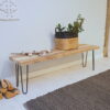 Basket and Flowers on Industrial Wood Bench with Hairpin Legs