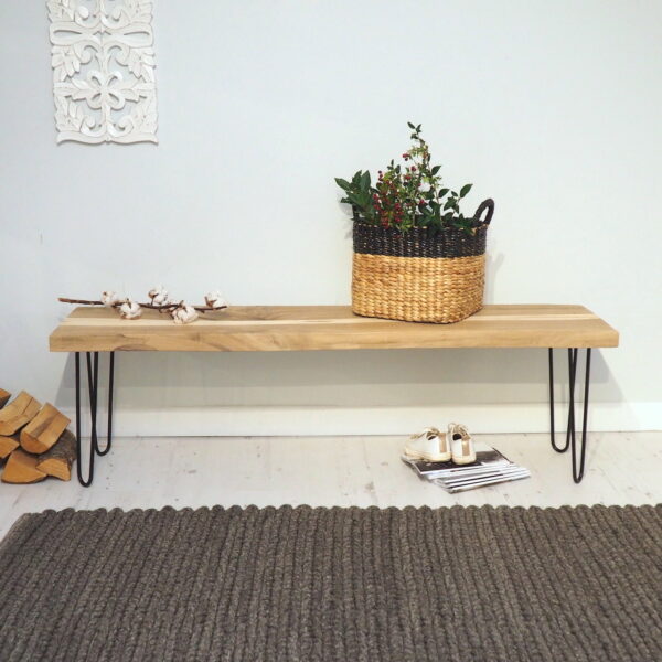 Industrial Wood Bench with Hairpin Legs and Basket