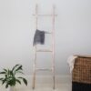 White Wooden Towel Ladder with Towel and Basket