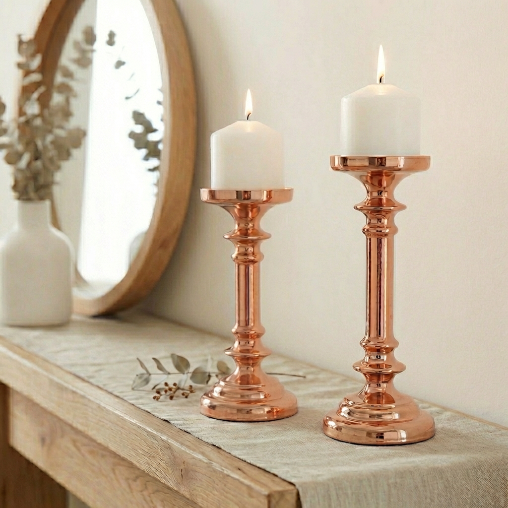 Rose Gold Candleholder on sideboard with mirror and vase