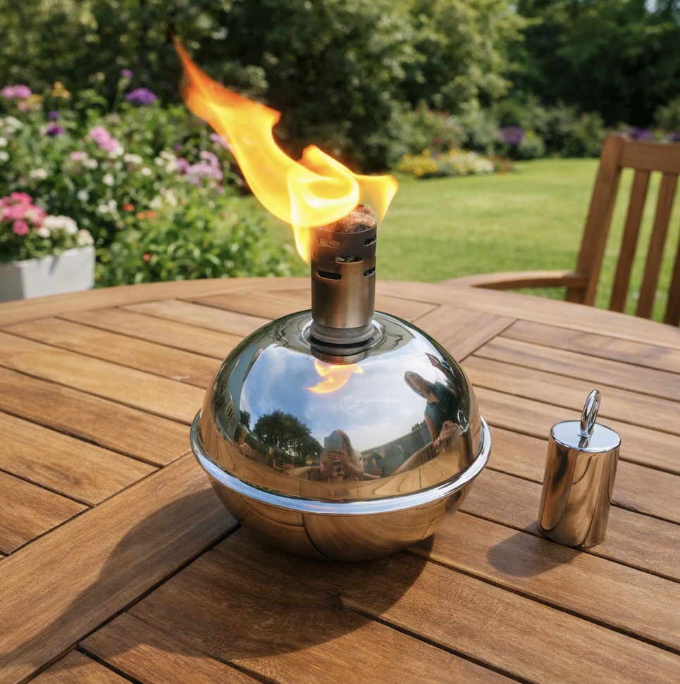 Silver Citronella oil lamp with decorative rim. For outdoor use.