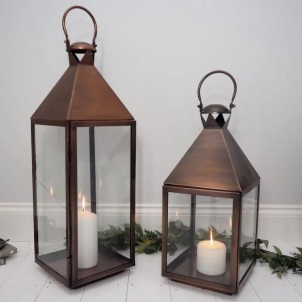 Large antique copper lantern pair