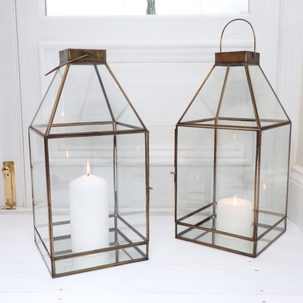 Large glass and metal candle lantern square