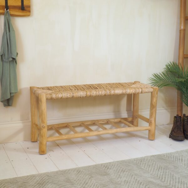 Wicker bench with shelf in hallway