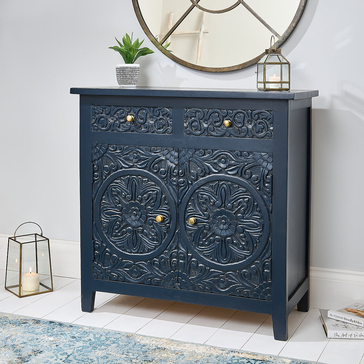 Carved Wood Navy Sideboard