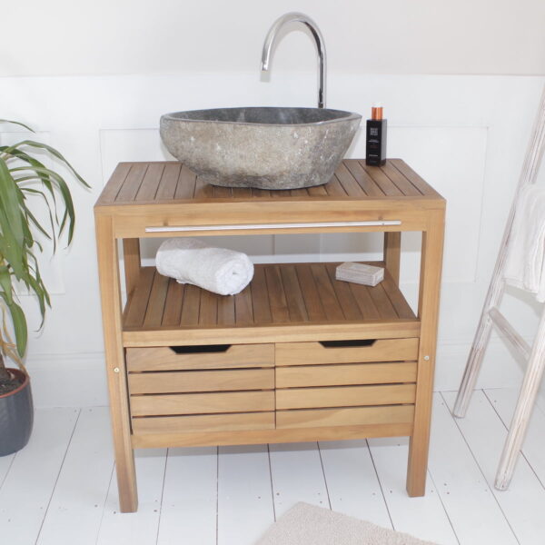 Wooden bathroom vanity unit with stone sink