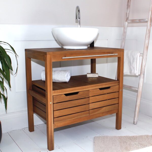 Bathroom Vanity Unit Teak Wood with White Sink