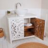 Carved White Bathroom Vanity Unit with Sink and Open Door
