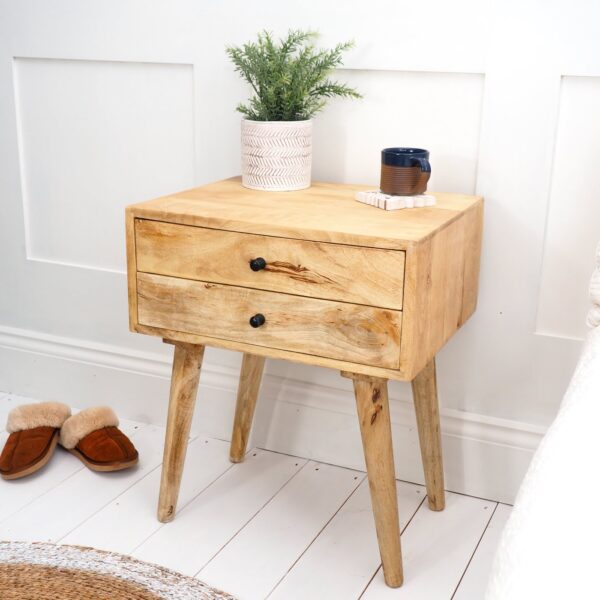 Two Drawer Bedside Table Natural Wood with Plant