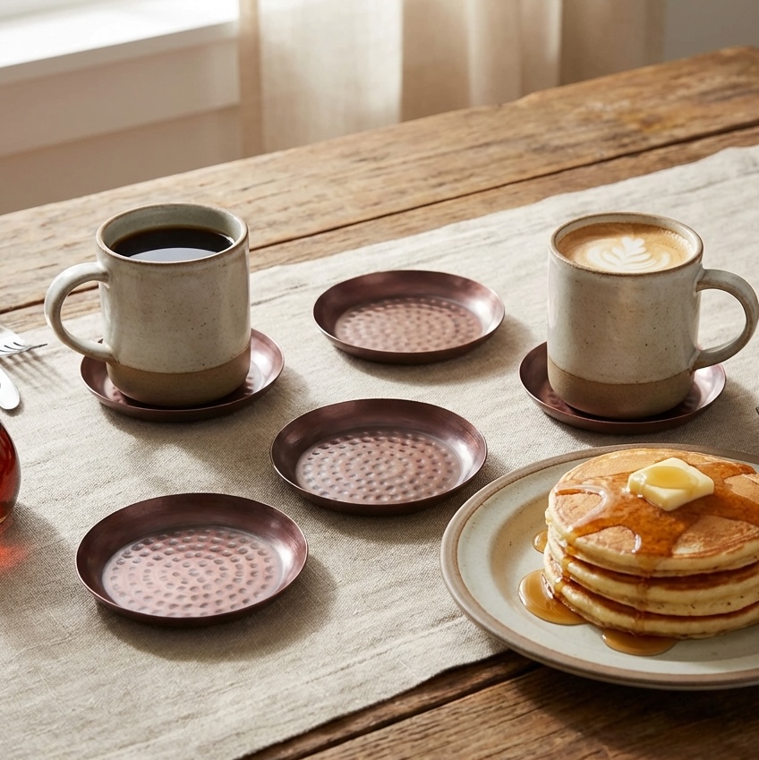 wooden dinner table with copper drink coasters, cup of tea and pancakes