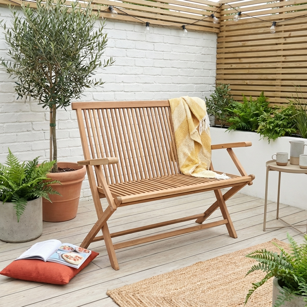 garden bench on patio with plants and wicker rug