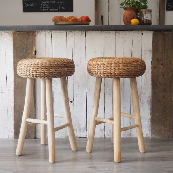 Two Rustic Round Bar Stools and Breakfast Bar