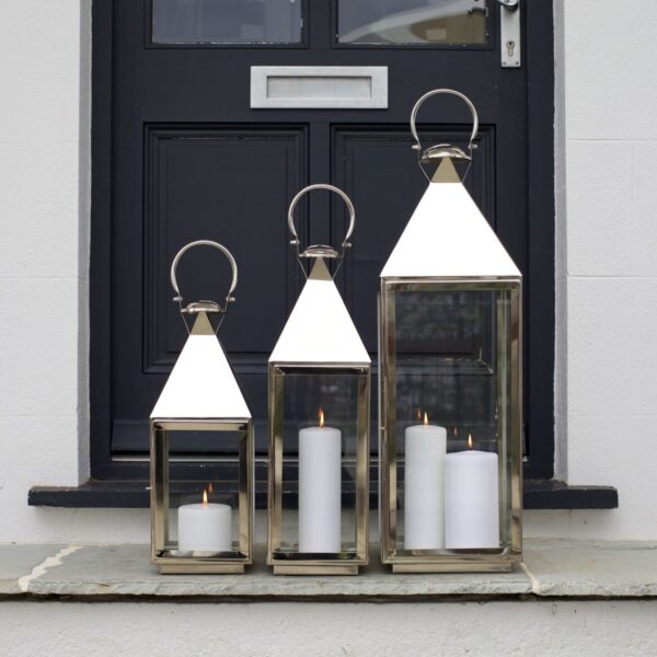 Set of 3 Large Silver Candle Lanterns outside