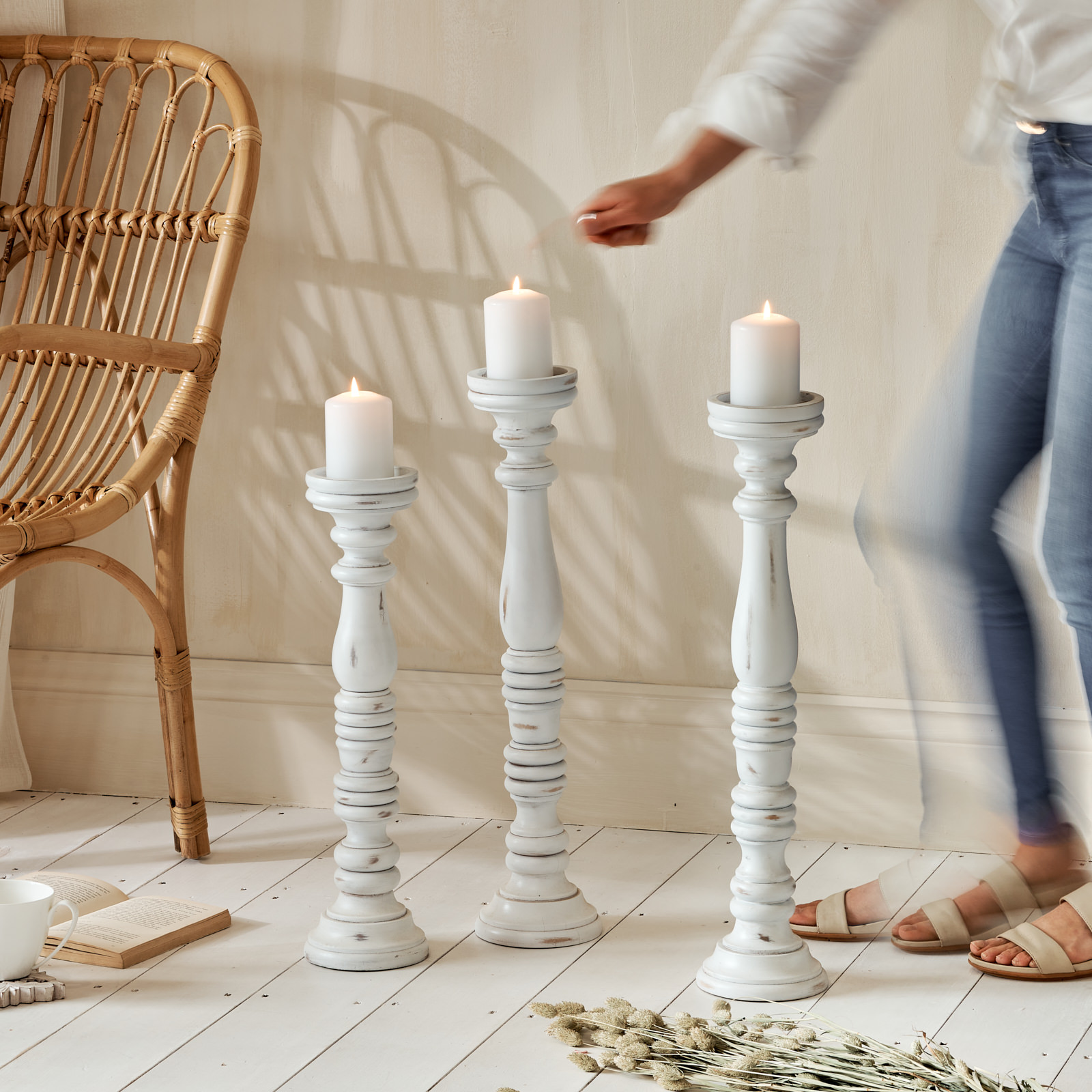 Tall White Wooden Candlesticks - Za Za Homes