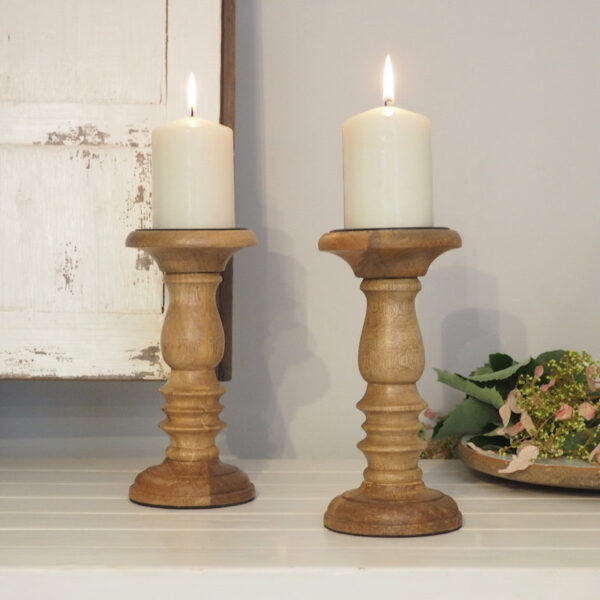 Carved natural mango wood candlestick