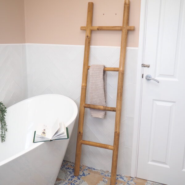 bamboo towel ladder in bathroom