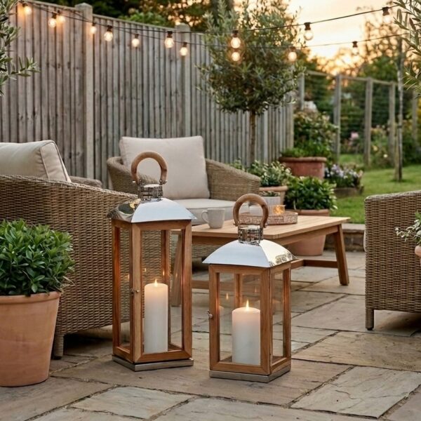 Two lanterns in a garden setting