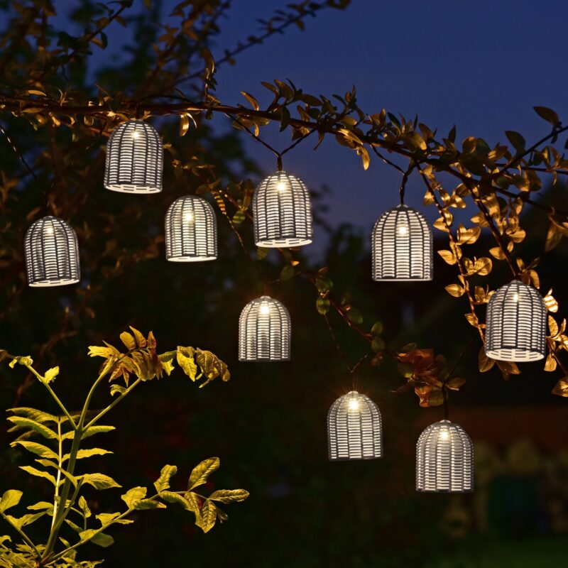 solar powered garden lights at night in garden