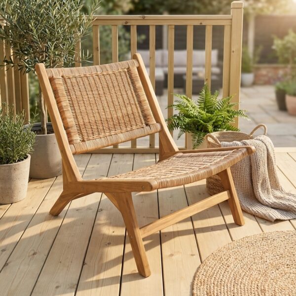 wicker garden chair on wood decking