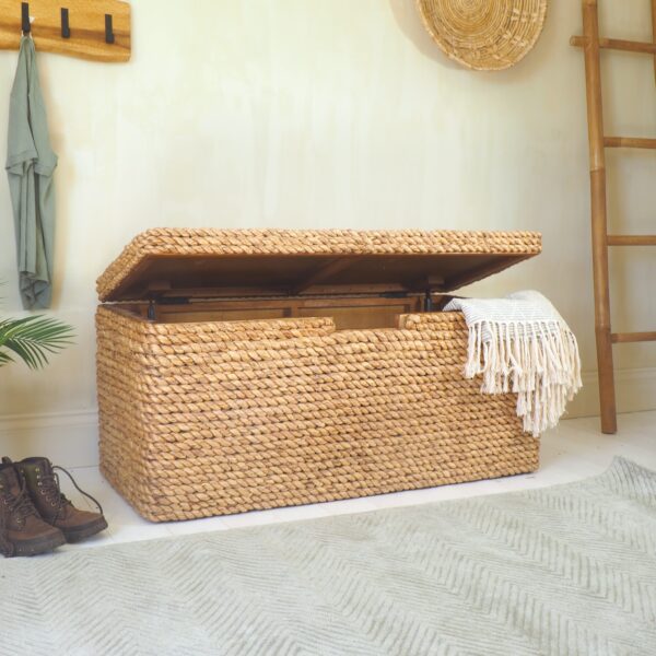 Wicker trunk in hallway with coats and boots