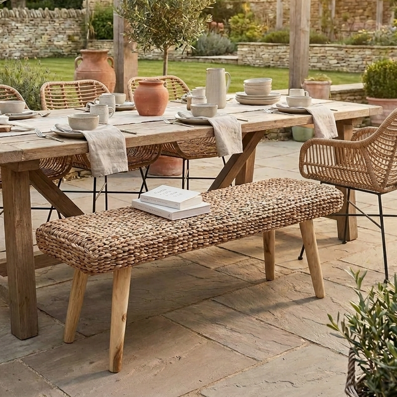 wicker bench on garden patio