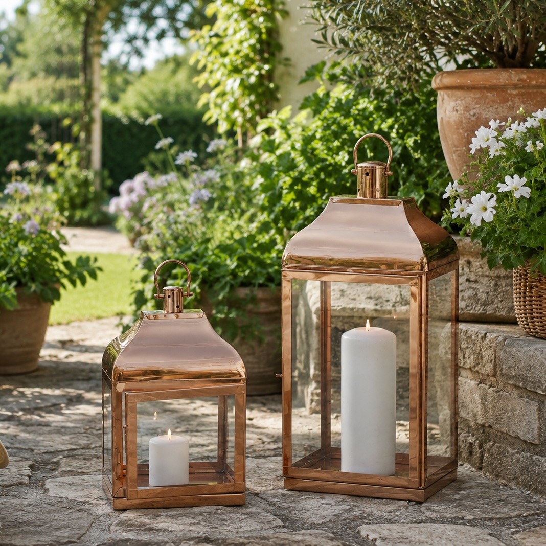 Two rose gold lanterns in a garden setting surounded by plants with a lawn in the background