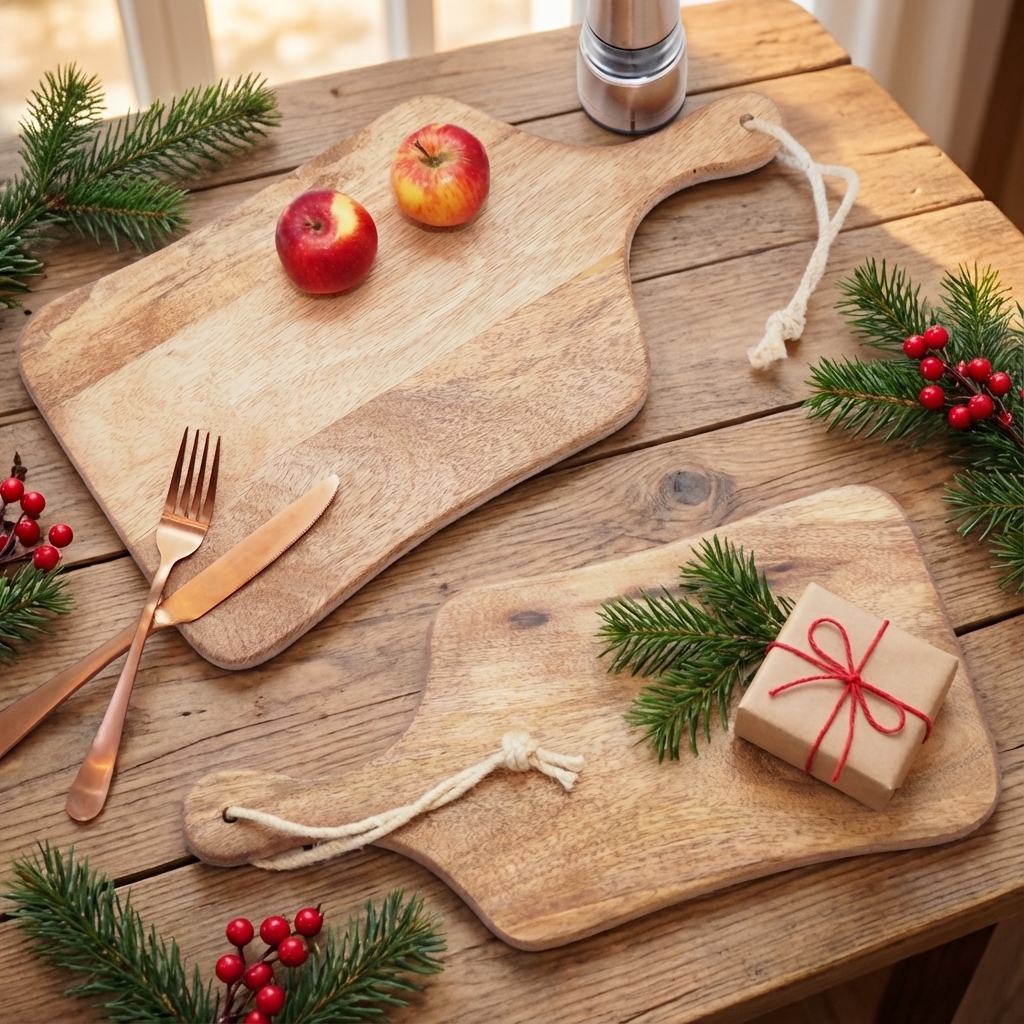 wooden chopping boards set on a christmas table