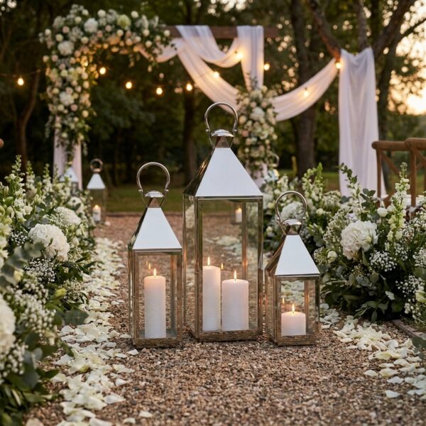 Three lanterns on a path in an outdoor wedding setting