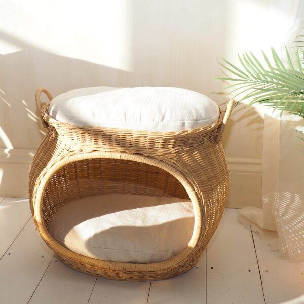 Wicker cat bed with 2 cushions on white wooden floor