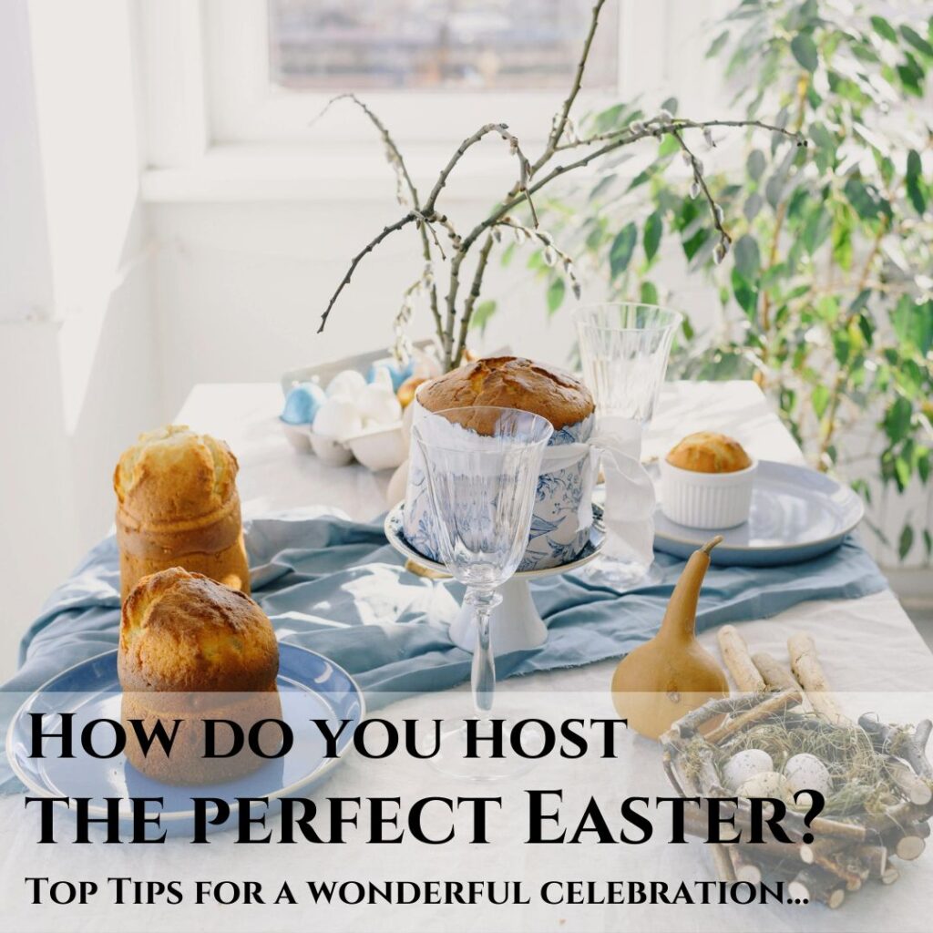 Hosting the perfect Easter blog image with Easter table decorations, plates and cakes