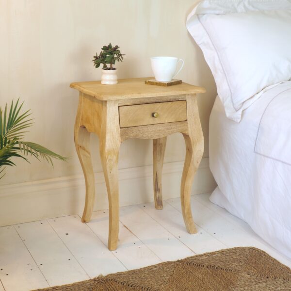 Natural Bedside Table on white wooden floor in bedroom setting