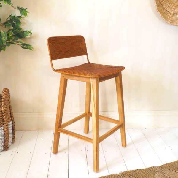 Wicker kitchen stool with plant pot on white wooden floor