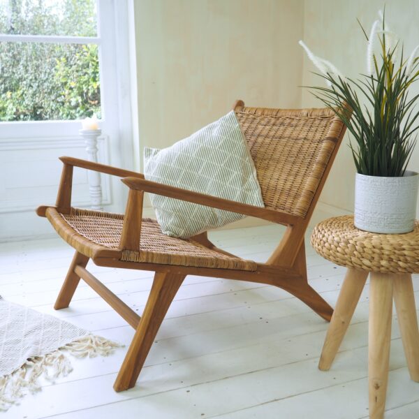 wicker arm chair by conservatory door with side table and plant