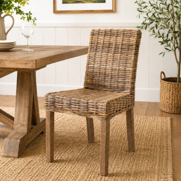 Natural Wicker dining chair next to a table on a rug in a dining room