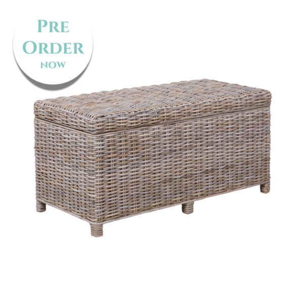 Wicker storage bench in natural rattan