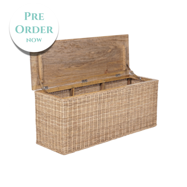 Wicker storage trunk on white background