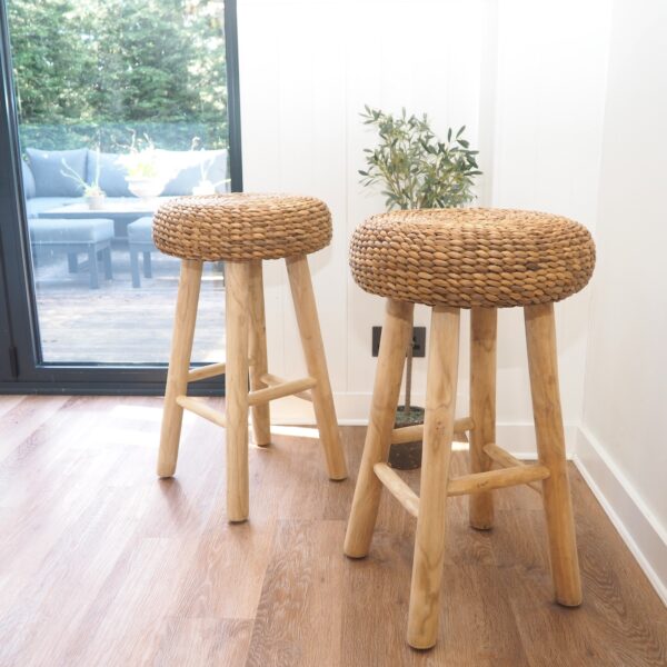 Wooden kitchen stools in kitchen with sliding doors