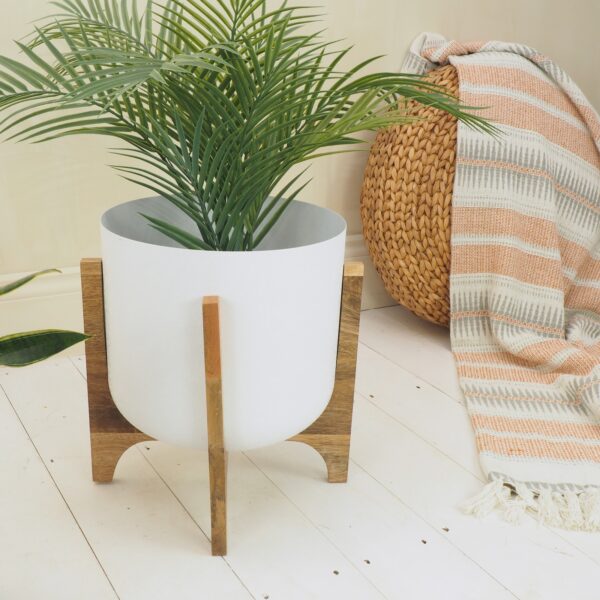 White plant pot on floor with green plant and moroccan rug
