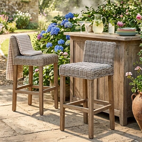 garden patio with outdoor kitchen, rattan bar stools at garden bar with drinks