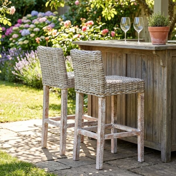 garden patio with outdoor kitchen and wicker bar stools with drinks