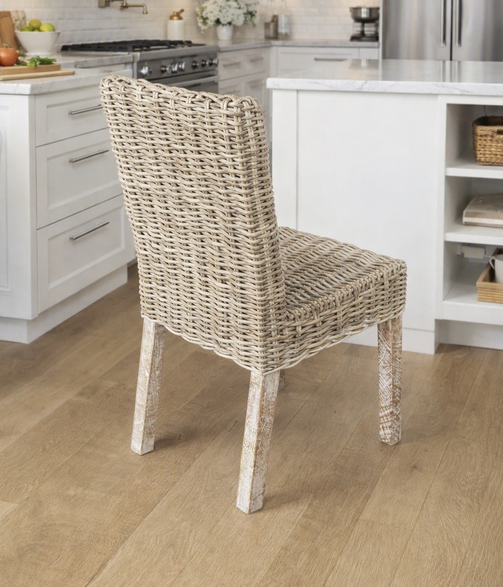 Whitewash rattan/wicker chair in kitchen setting
