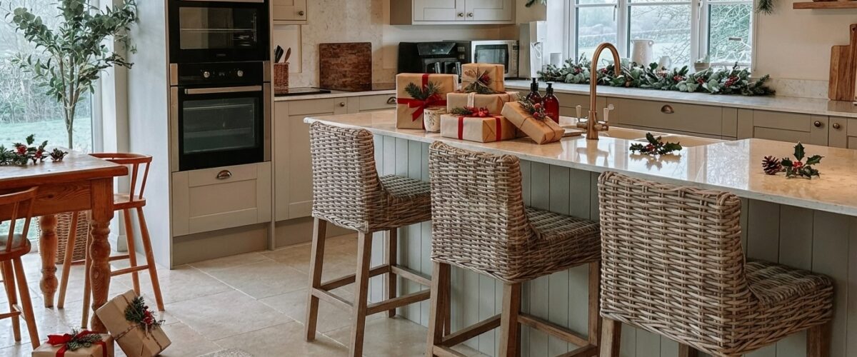 kitchen decorated for christmas time with wicker bar stools