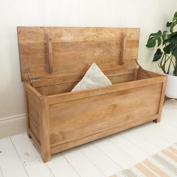 Wooden storage trunk on wooden white floor with lid open with plant d cushion
