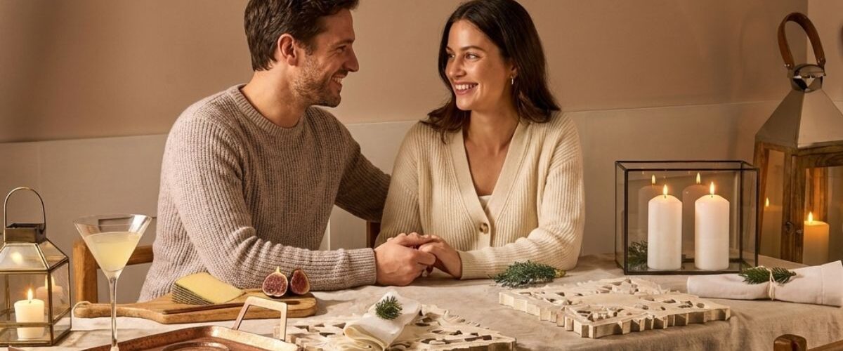 Couple sat at table with candle lanterns, carved placemats drink on copper tray