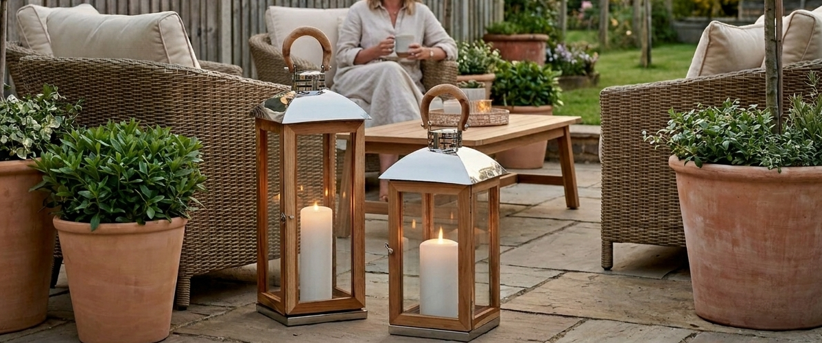 candle lanterns on garden patio