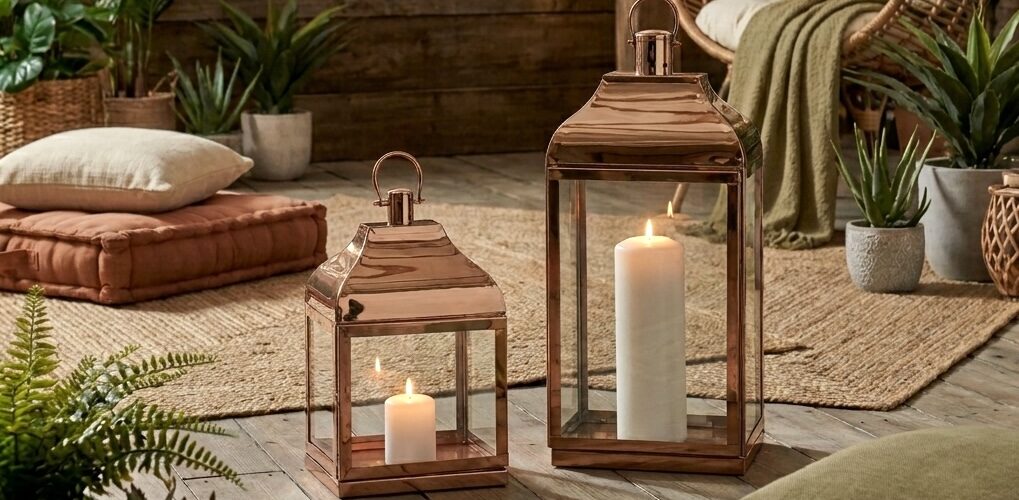extra large floor candle lanterns in garden with wicker rug and plant